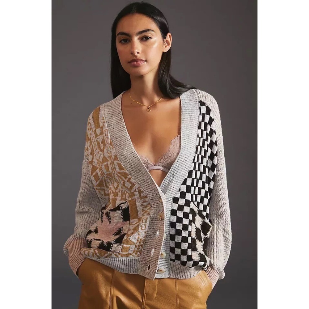 Pilcro Anthropologie Mash Up Cardigan Sweater Checkerboard Tan Black Small